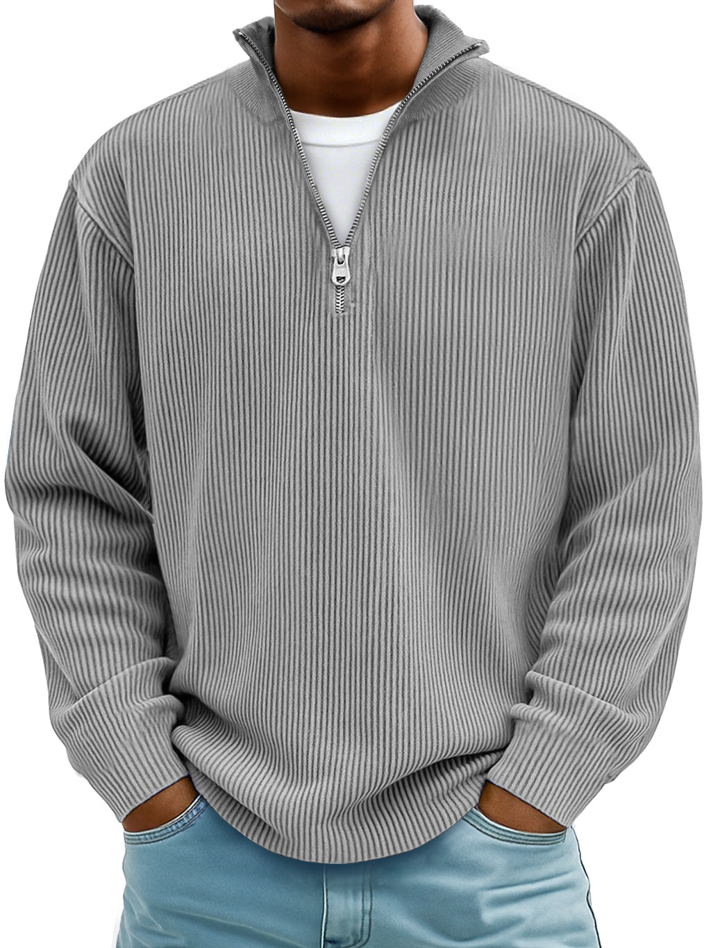 Men's Simple Casual Ribbed Stand Collar Zipper Long Sleeve T-shirt
