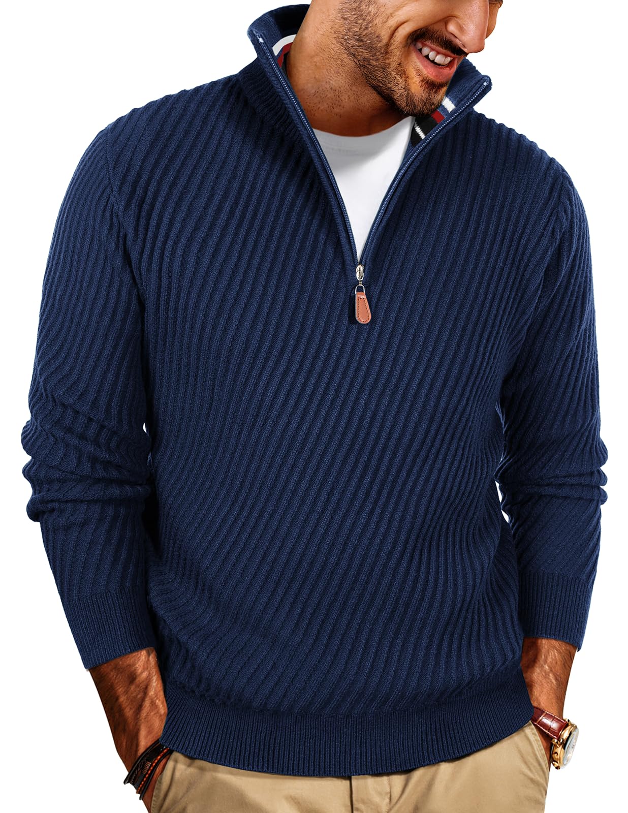 NEW🔥 Men's Zipper Pullover Sweater Casual Knit Sweater with Twill Texture