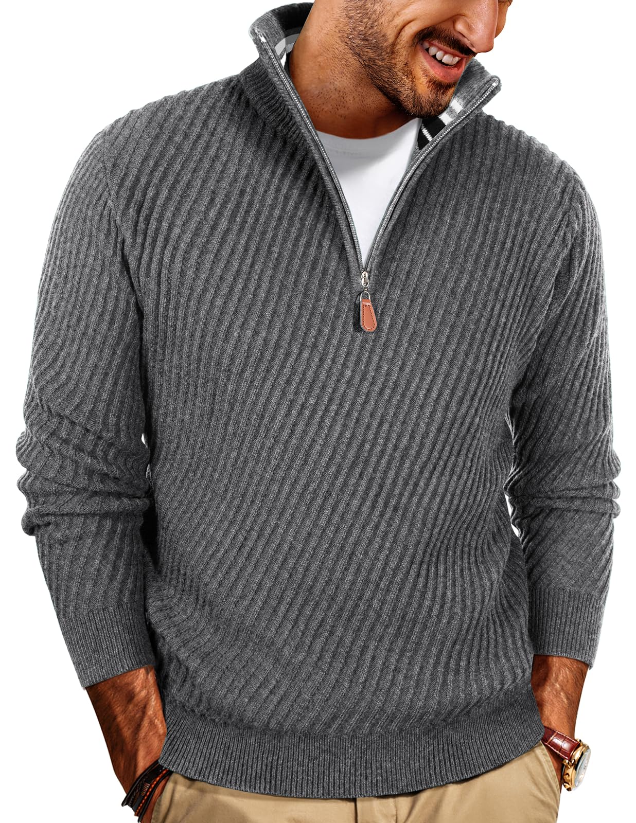 NEW🔥 Men's Zipper Pullover Sweater Casual Knit Sweater with Twill Texture